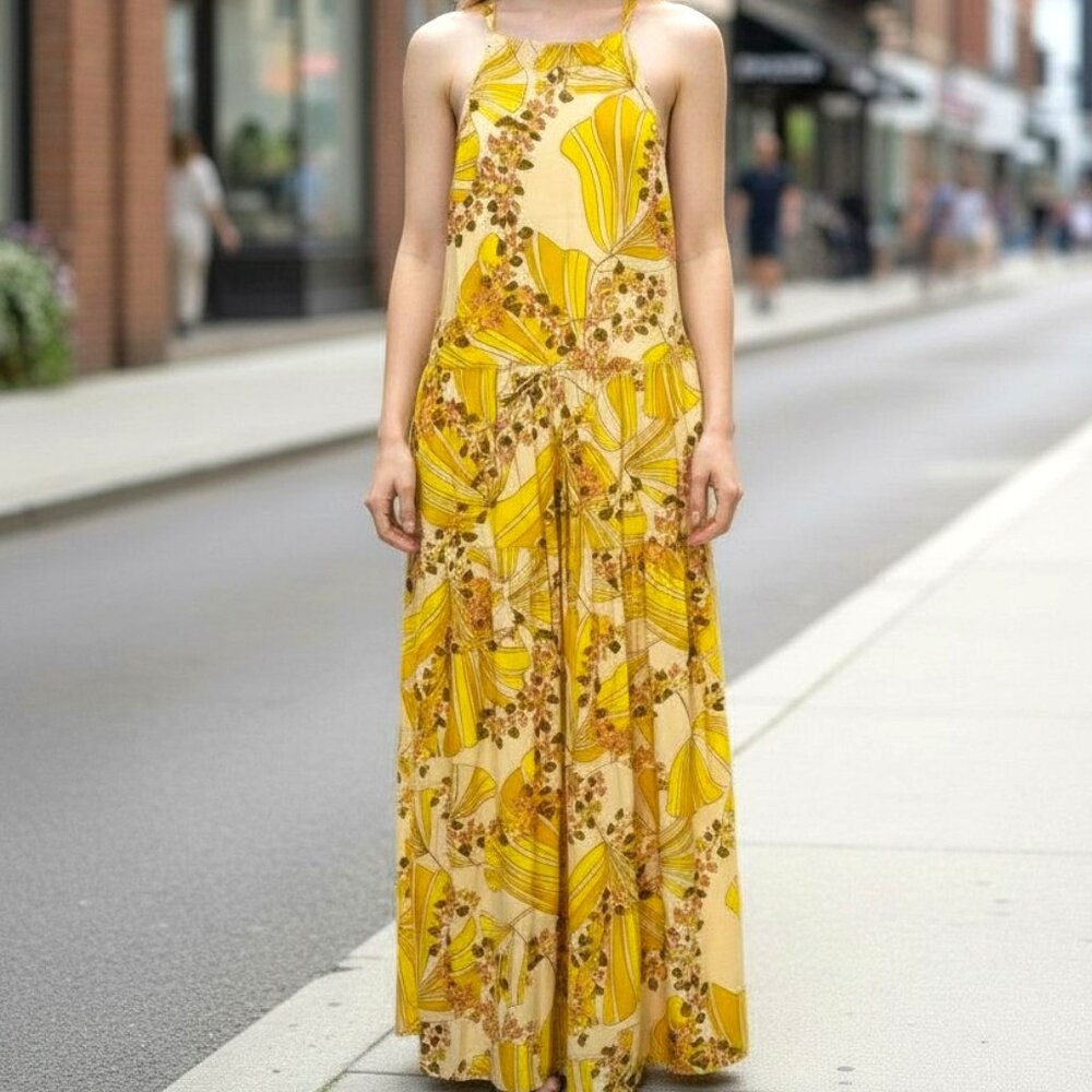 Flora Bea NYC Womens Floral Tiered Maxi Dress L Yellow Boho Cottagecore Retro